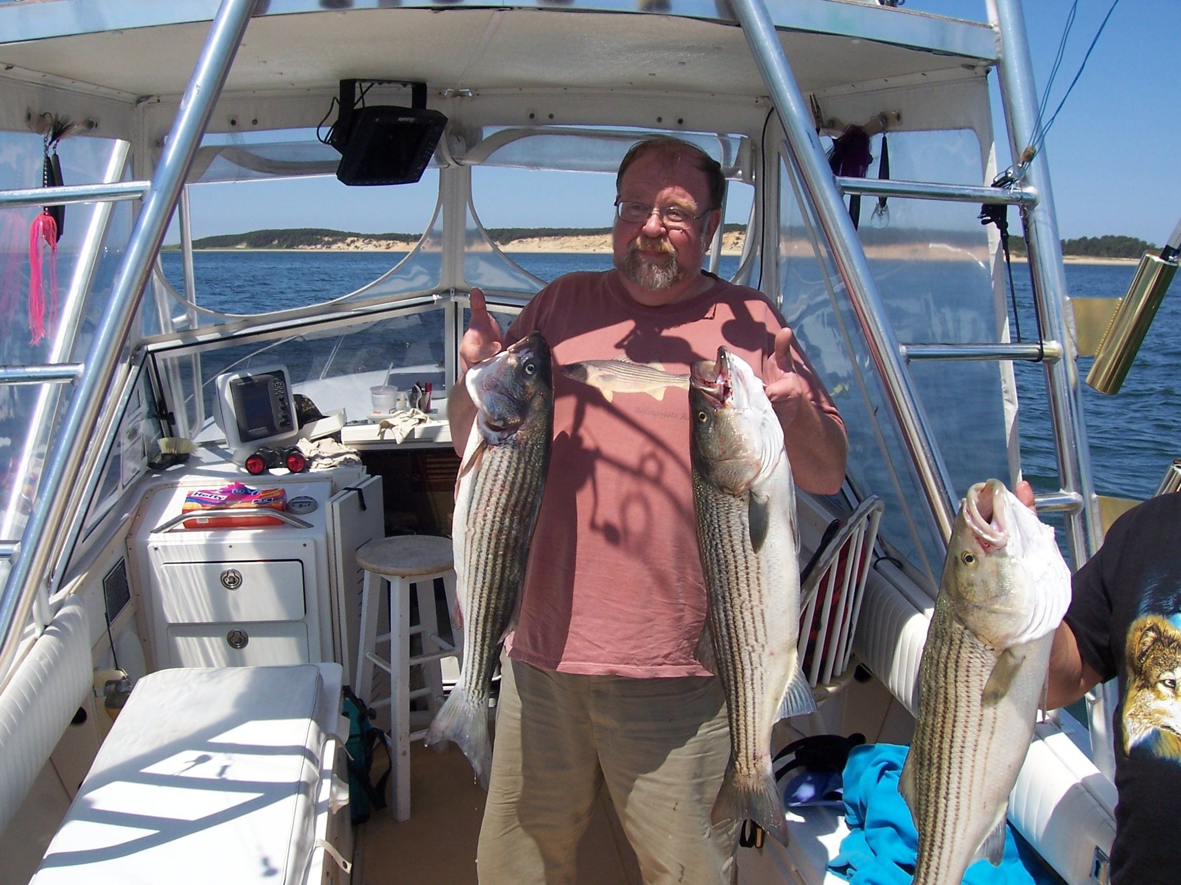 Man with Pink Shirt Holding Two Striper Fish